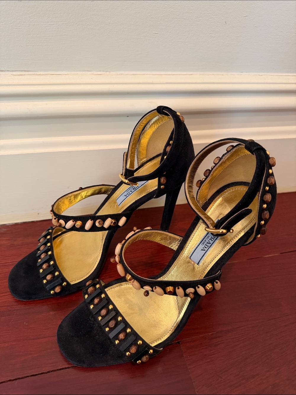 Prada Black Suede Gold-Accent Studded Ankle-Strap Heels